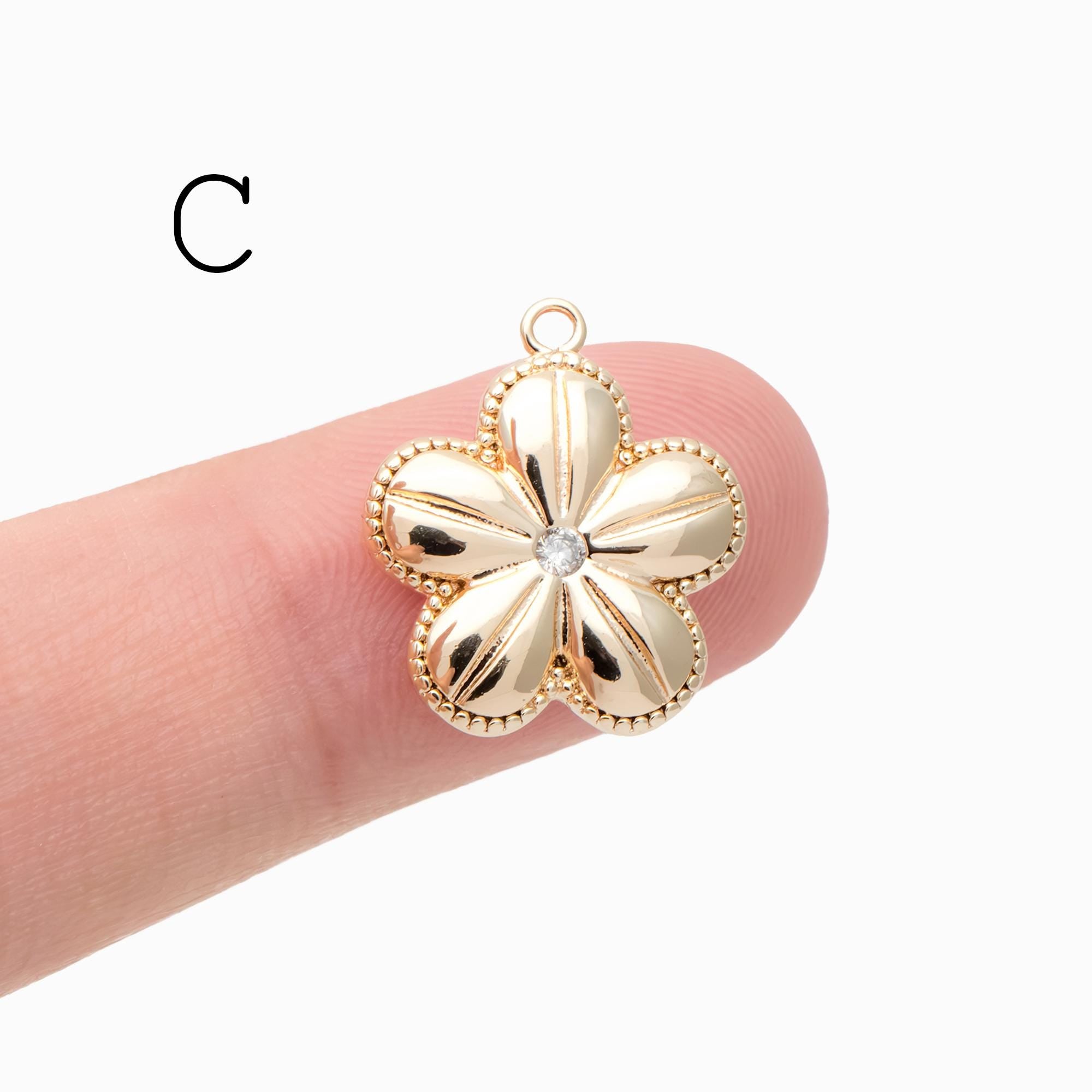 4pcs Gold/ Silver Tone CZ Pave Flower Leaf Charms , Real Gold/ Rhodium plated Brass, Dainty Earring Pendants (GB-978)